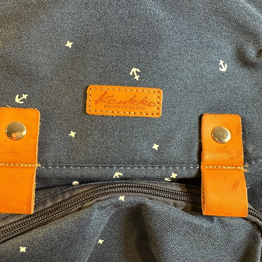 Navy Blue with Anchor Print Kaukko brand laptop backpack leather details